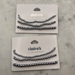 Stainless Steel Stretch Bracelets Beaded Dark Silver Two Pack 6 Pc New Jewelry